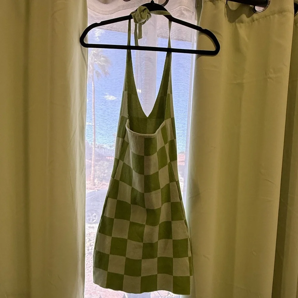 Peppermayo~ Green Checkered Knit Halter Dress! Size S - Picture 3 of 4